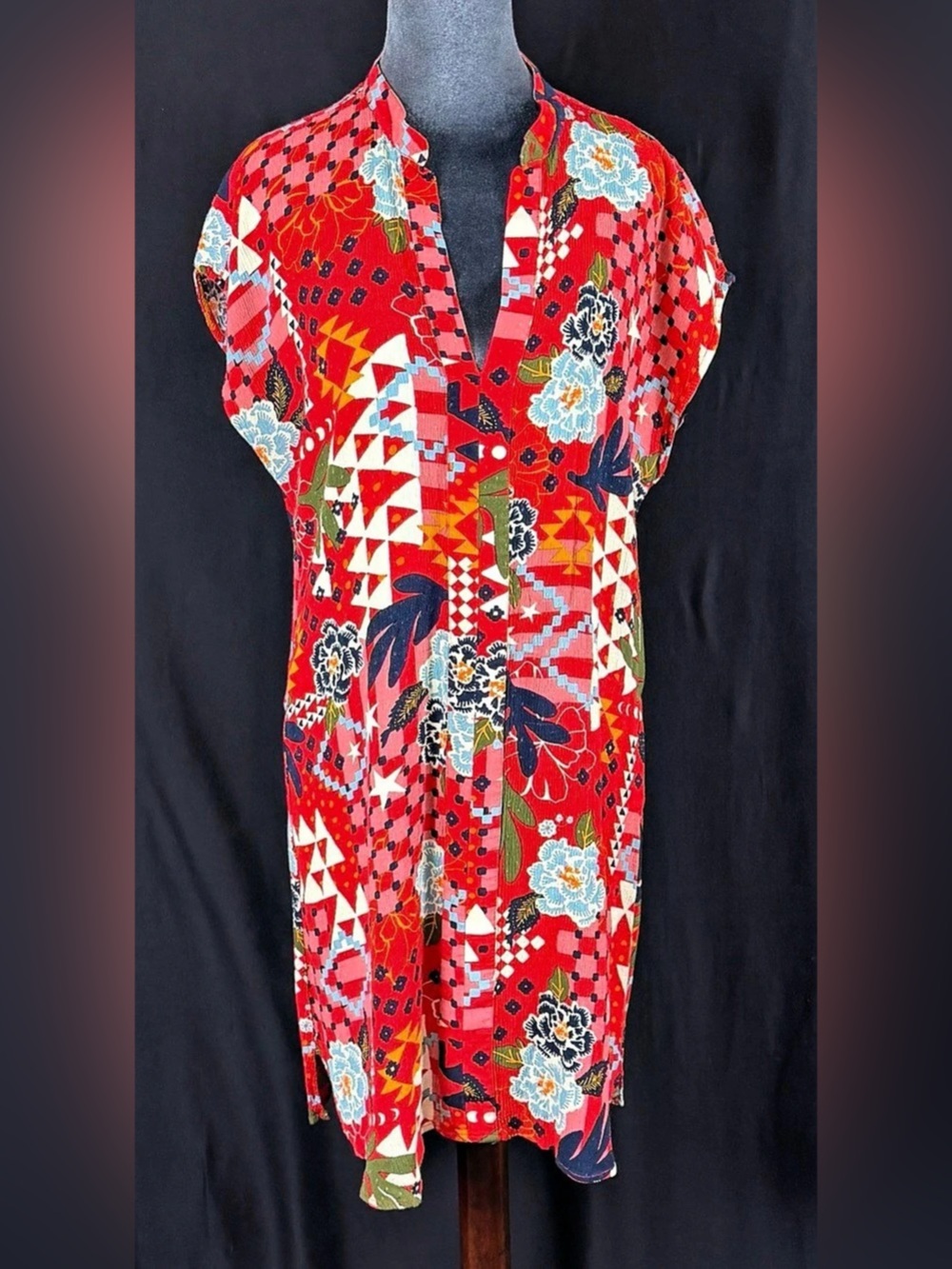 Cantao Red Geometric Print Shift Dress Size S/M Fun Party Resort-wear Cruise